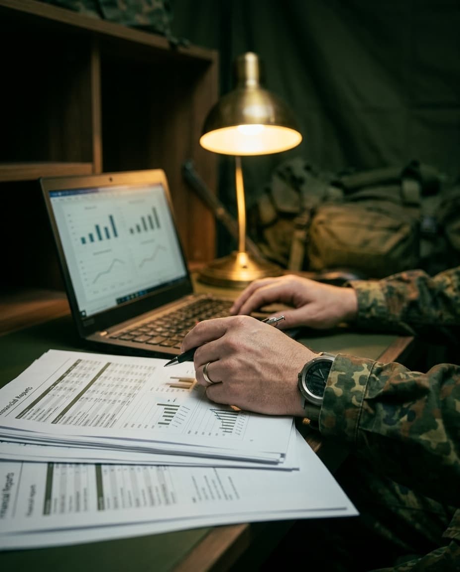 Soldat prüft Finanzunterlagen am Schreibtisch