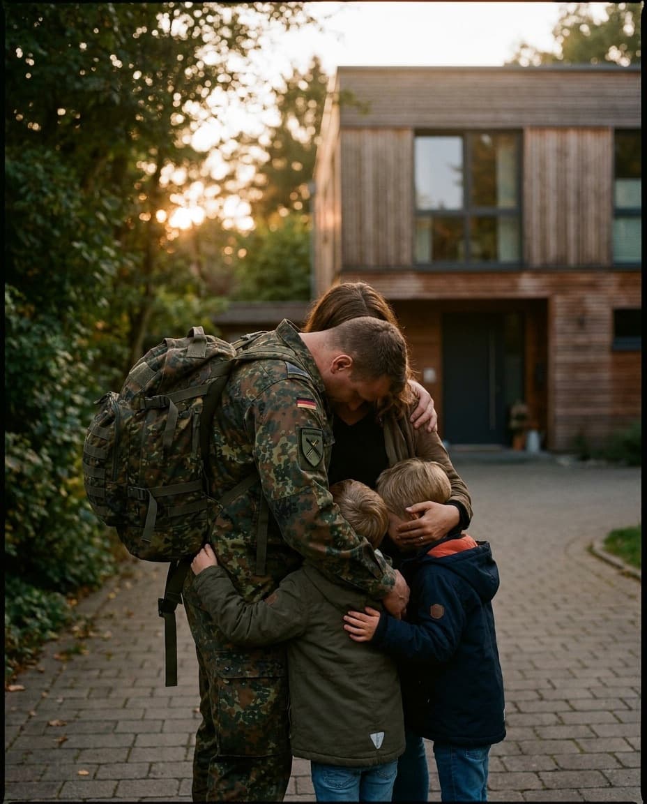 Soldat umarmt seine Familie vor dem Zuhause